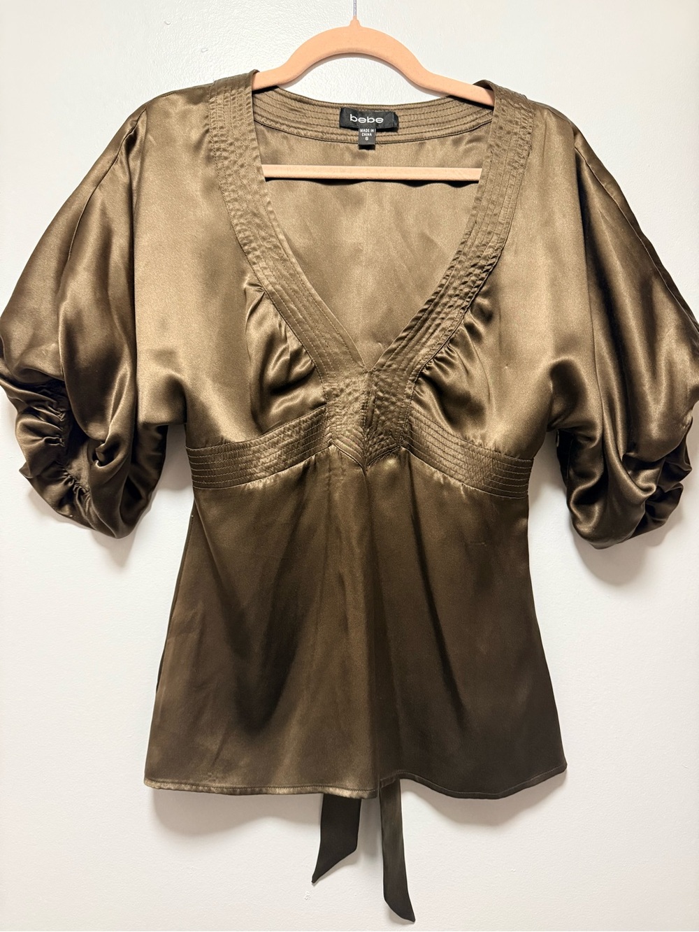 bebe Satin Olive V-Neck Puff Sleeve Top 100% silk